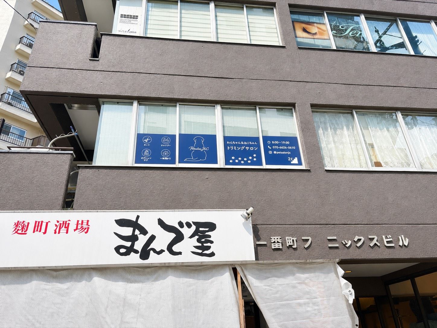 Petsalon J&C 店舗外観（一番町フェニックスビル2F・窓面サイン）